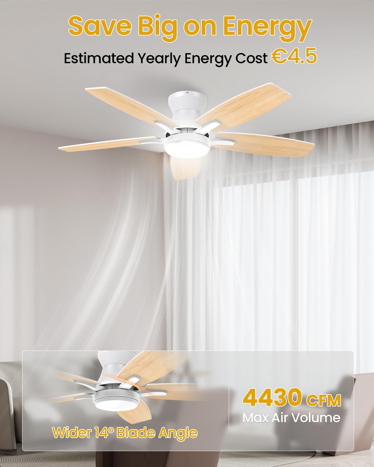Airwit Stille 106 cm plafondventilator met verlichting en afstandsbediening, plafondventilator met ledlicht voor slaapkamer en woonkamer
