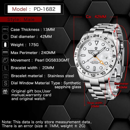 Pagani Ontwerp Horloges Mannen GMT Automatische Zelfopwindende Mechanische Analoge Saffier Sport Waterdichte Lichtgevende Polshorloge, Zwart, sport