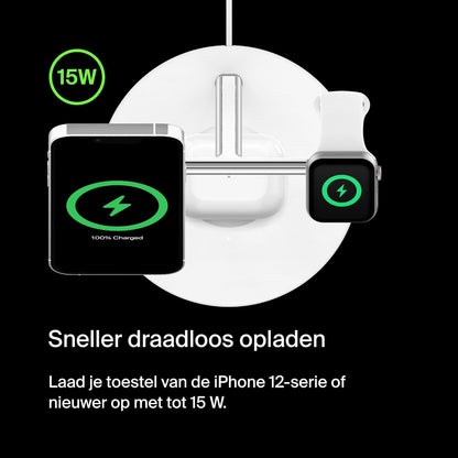 Belkin MagSafe 3-in-1 draadloze oplader, 15W-snellader voor iPhone, Apple Watch, AirPods-laadstation, draadloze oplader voor iPhone 16, 15, 14, Plus, 13, 12, Pro, Max, Mini, Apple Watch, AirPods - Wit