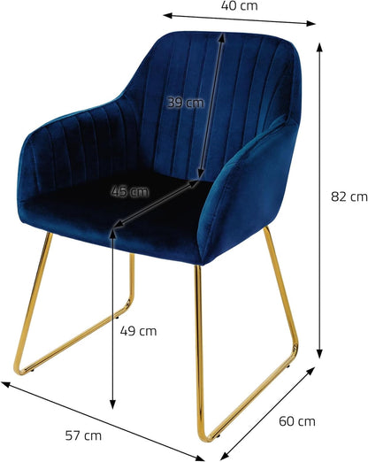 Eetkamerstoel – Keukenstoel – Woonkamerstoel – Stoel – Kuipstoel – Fluwelen Bekleding Blauw – Goudkleurig Metalen Frame – Ergonomische Rugleuning en Armleuningen