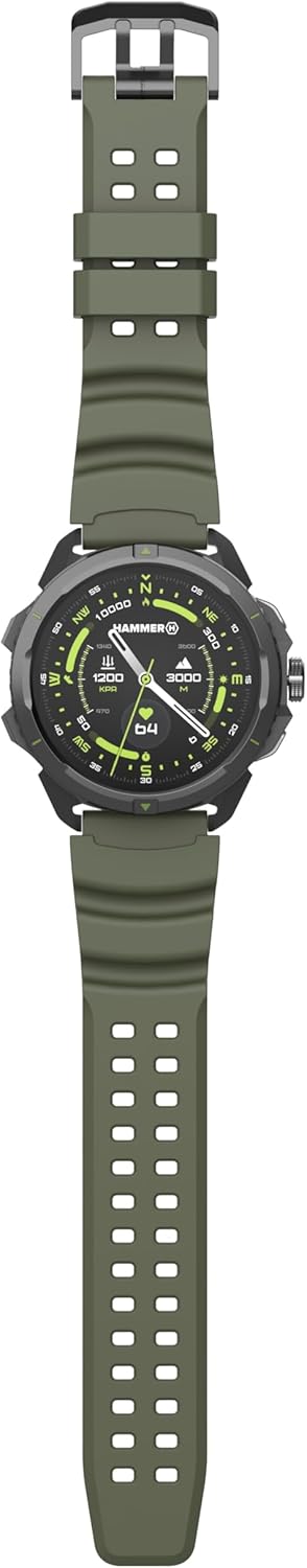 Hammer Watch 2 Military Edition, GPS, AMOLED Gorilla-glas 1,5 inch, grote 530 mAh batterij, tot 15 dagen gebruik met één lading, 5 ATM-weerstand, SOS-knop, LED-zaklamp, groen, 1.5 zoll, Tactisch
