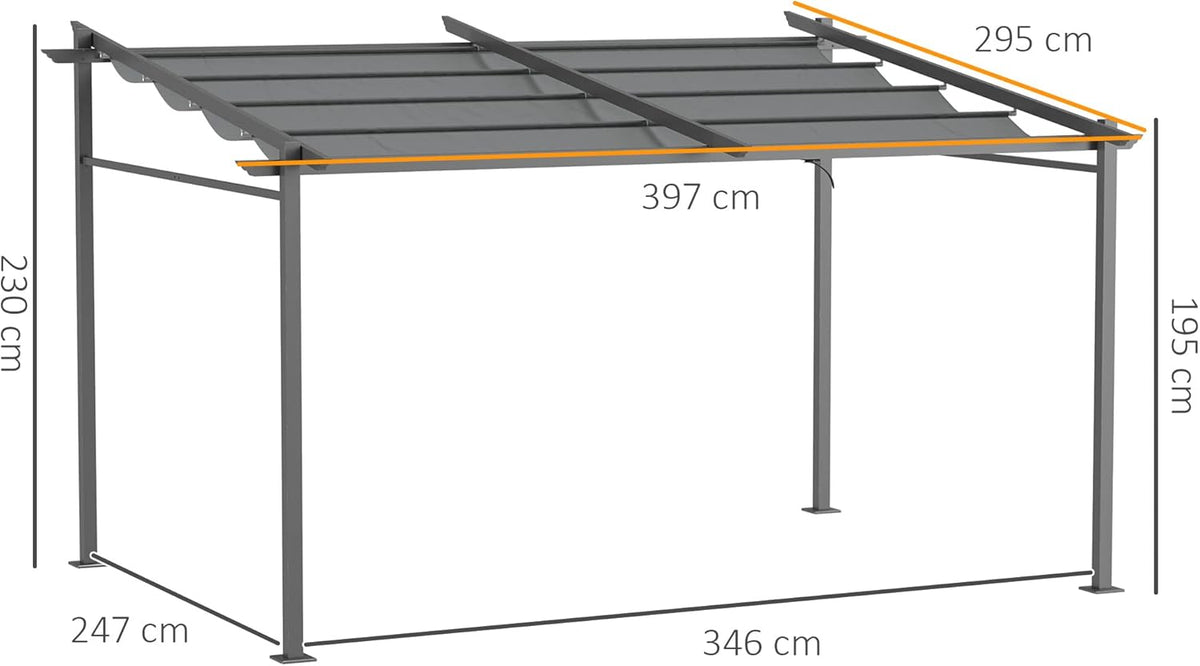 Outsunny Terrassendach Pergola approx. 4x3m Terrassendachung Garten Pavillon Aluminium, Wall-mounted, Gartenpavillon mit Verstellbares Dach, UV Schutz, Sonnenschutz für Terrasse und Garten, Dunkelgrau - QUORE
