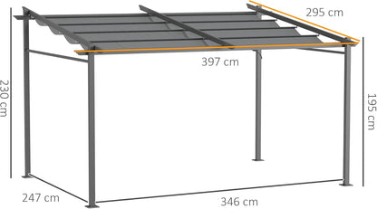Outsunny Terrassendach Pergola approx. 4x3m Terrassendachung Garten Pavillon Aluminium, Wall-mounted, Gartenpavillon mit Verstellbares Dach, UV Schutz, Sonnenschutz für Terrasse und Garten, Dunkelgrau - QUORE