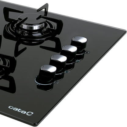 4-pits Gaskookplaat – Gasfornuis – Kookplaat – Gasplaat – Kookfornuis – Gehard Zwart Glas – Elektronische Ontsteking – 59 cm Breed