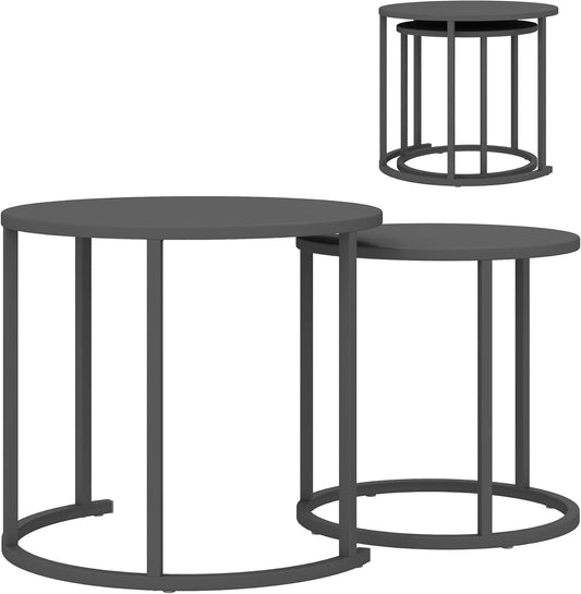 Outsunny Set van 2 bijzettafels, stapelbaar, tuintafel, rond, weerbestendig, balkontafel van staal, ruimtebesparend, campingtafel, koffietafel voor woonkamer, kantoor, outdoor, indoor, donkergrijs - QUORE