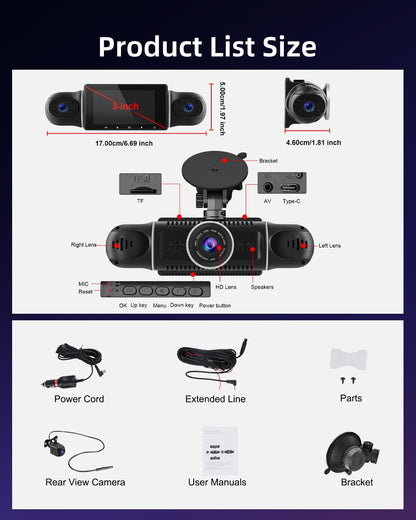 Dashcam – Autocamera – Boordcamera – Auto Camera – 4 Camera's – 360° Bewaking – Wifi-App Bediening & 64 GB Kaart Inbegrepen