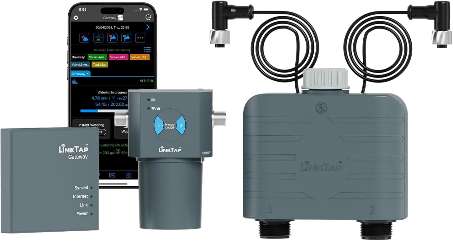 LinkTap T1 Smart Irrigatiecomputer en gateway, 2-zone irrigatiecontrole, ingebouwde stroommeter, tijdregeling, groter bereik dan wifi, detectie