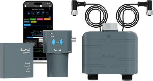 LinkTap T1 Smart Irrigatiecomputer en gateway, 2-zone irrigatiecontrole, ingebouwde stroommeter, tijdregeling, groter bereik dan wifi, detectie