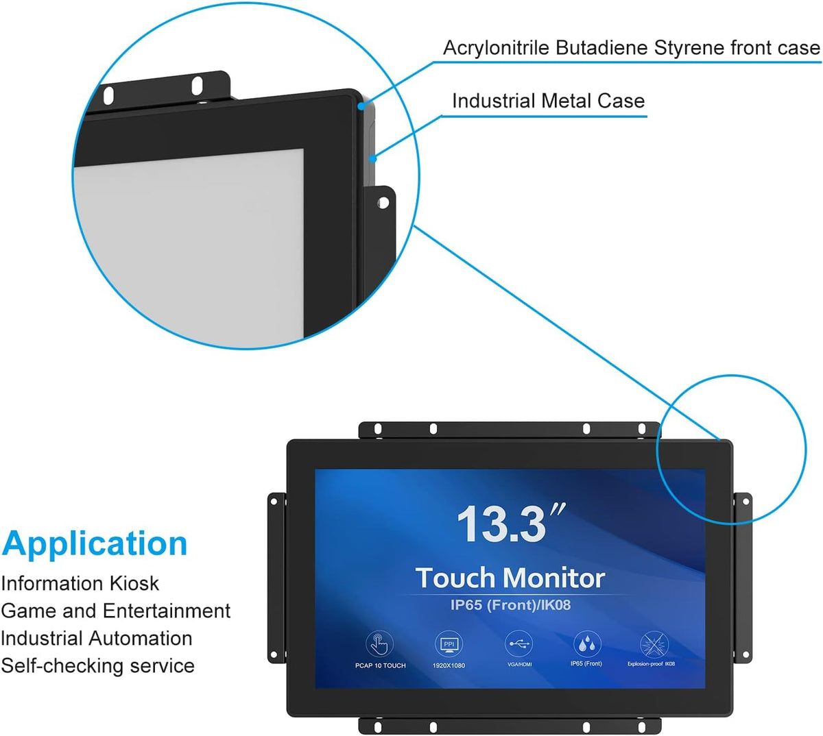 13,3 Inch Open Frame Touchscreen Monitor – Touchscreen – Touchscreen Monitor – Touch Monitor – Open Frame Monitor – 10-Punts Multitouch – IP65 Voorzijde en IK08 Gehard Glas