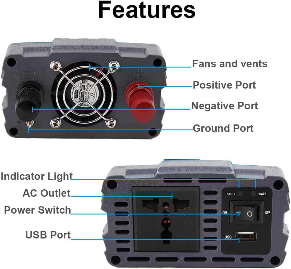 SolaMr 600W Power Inverter Pure Sine Wave 12V DC naar 220/230/240V AC Converter met USB 1 A oplaadpoorten en AC-uitgangen voor in het voertuig gemonteerde systemen en thuissystemen - 600W