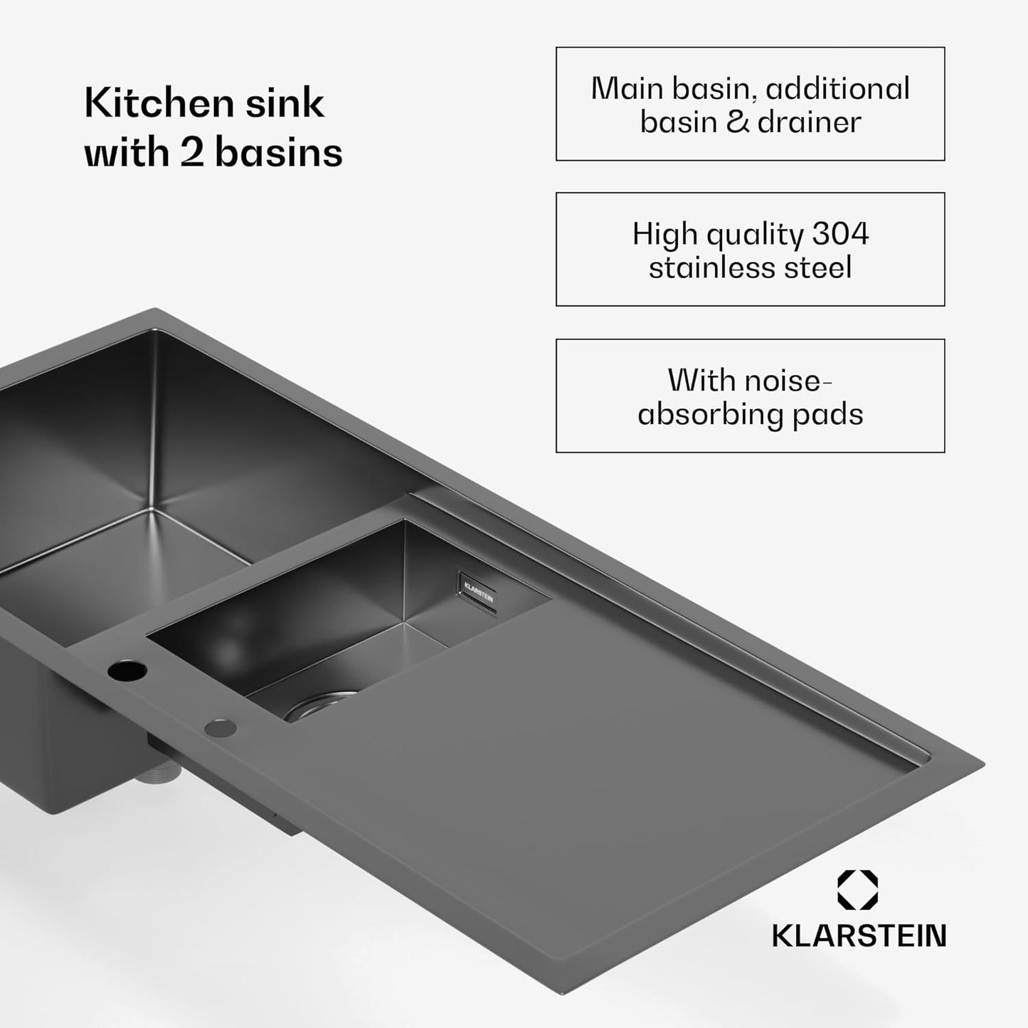 Klarstein - Keukenspoelbak van roestvrij staal, 100 x 45 cm - 1 wastafel met overloop en 2 wastafels - wastafelstop en filter inbegrepen - Robuust en gemakkelijk te reinigen