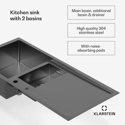 Klarstein - Keukenspoelbak van roestvrij staal, 100 x 45 cm - 1 wastafel met overloop en 2 wastafels - wastafelstop en filter inbegrepen - Robuust en gemakkelijk te reinigen