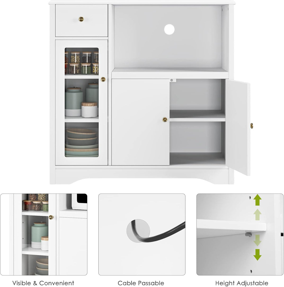 HOCSOK Sideboard, Kitchen Cabinet with Microwave Rack, with Doors and Drawers, Storage Cabinet for Dining Room and Kitchen, 90 x 40 x 82 cm, White - QUORE