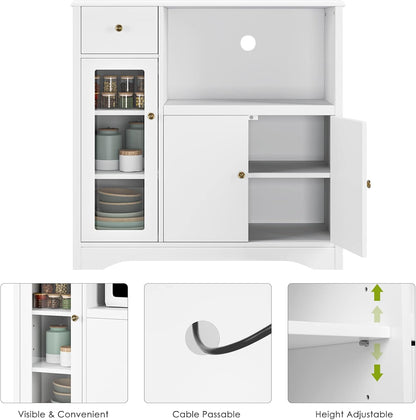 HOCSOK Sideboard, Kitchen Cabinet with Microwave Rack, with Doors and Drawers, Storage Cabinet for Dining Room and Kitchen, 90 x 40 x 82 cm, White - QUORE