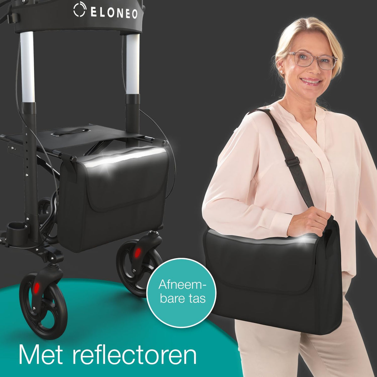 ELONEO Lichtgewicht Rollator met Zitje - Opvouwbare Aluminium Rollator voor Senioren, 8 Verstelbare Hoogtes, 3-voudig Opvouwbaar Loophulpmiddel met Tas & Parapluhouder, Past in Auto (Zwart)