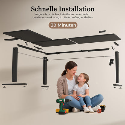 Klicelor L-shaped Electric Adjustable Desk, 160x140cm L Shape Standing Desk with 3 Memory Functions and Anti-collision Technology, Ergonomic Computer Table, Black - QUORE