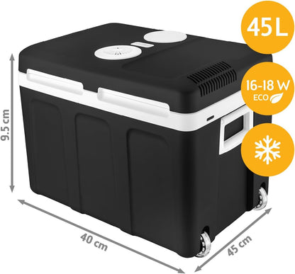 TZS First Austria - Koelbox 45L elektrisch 12V 230V aansluiting voor auto & stekkerdoos - Thermo-elektrische Cool Box koelt & warmt - Minikoelkast met wielen - Voor kamperen, festivals, reizen - Zwart