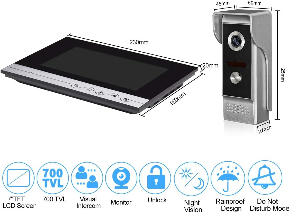 Video-intercomsysteem, 2 monitoren, videotelefoon, 7 inch, helder display voor thuis, videodeur, camera, nachtzicht, max. 100 meter