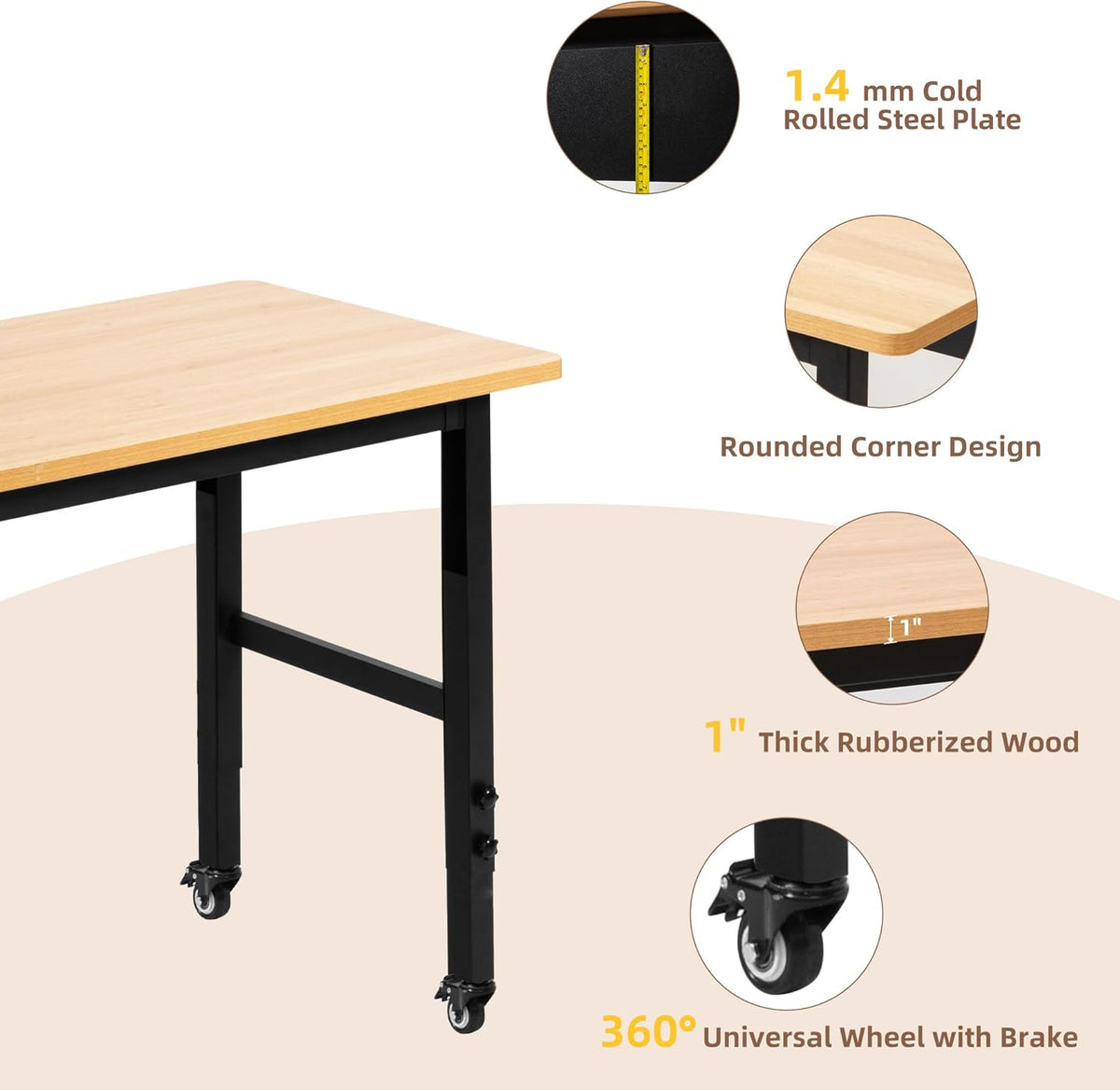 Verstelbare werkbank met wielen, oprolbare werktafel voor garage, grote capaciteit hardhouten werkbank, zware tafel voor workshop, kantoor, garage, thuis