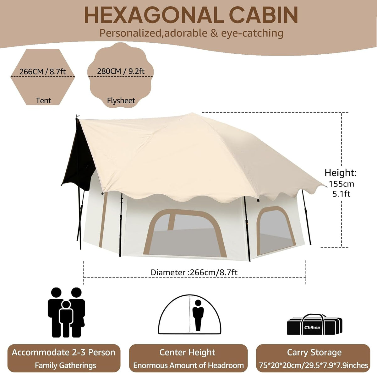 Chihee Pop-up staande tent, campingtent, familiekabinetent met luifel, veranda, 3-persoons, outdoortent met schermruimte, grote capaciteit, waterdicht en winddicht, eenvoudige opbouw, wandelen