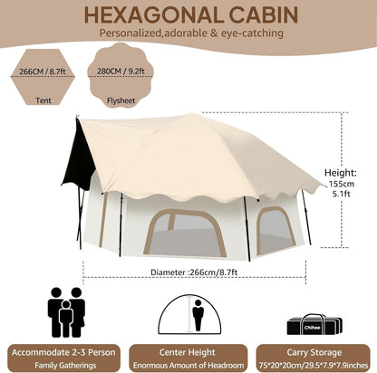 Chihee Pop-up staande tent, campingtent, familiekabinetent met luifel, veranda, 3-persoons, outdoortent met schermruimte, grote capaciteit, waterdicht en winddicht, eenvoudige opbouw, wandelen