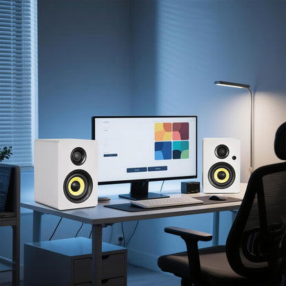 Sanyun SW206 4” HiFi Boekenplankluidsprekers met Studiomodus, 80W Actief, Bluetooth 5.4/Optisch/Coaxiaal/TRS/Aux/24bit DAC USB, voor Draaitafel TV PC Desktop, MDF Kabinet, Afstandsbediening, Wit