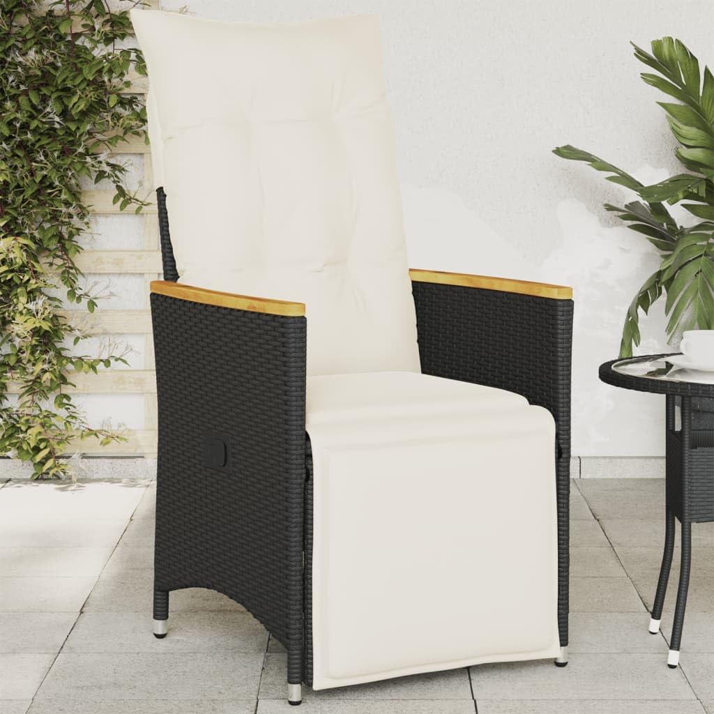 Loungestoel – Tuinstoel – Loungefauteuil – Buitenstoel – Terrasstoel – Verstelbare Rugleuning – Weerbestendig Poly Rattan Zwart met Crème Kussens
