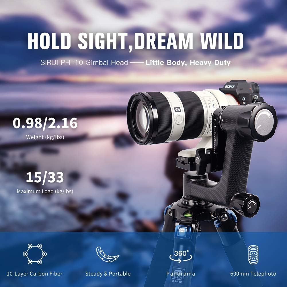 SIRUI PH-10 Carbon Gimbal Statiefhoofd Zware Duty, 15kg Draagvermogen, 360° Panorama, met Arca-Swiss Snelwisselplaat voor Camera en Telelens