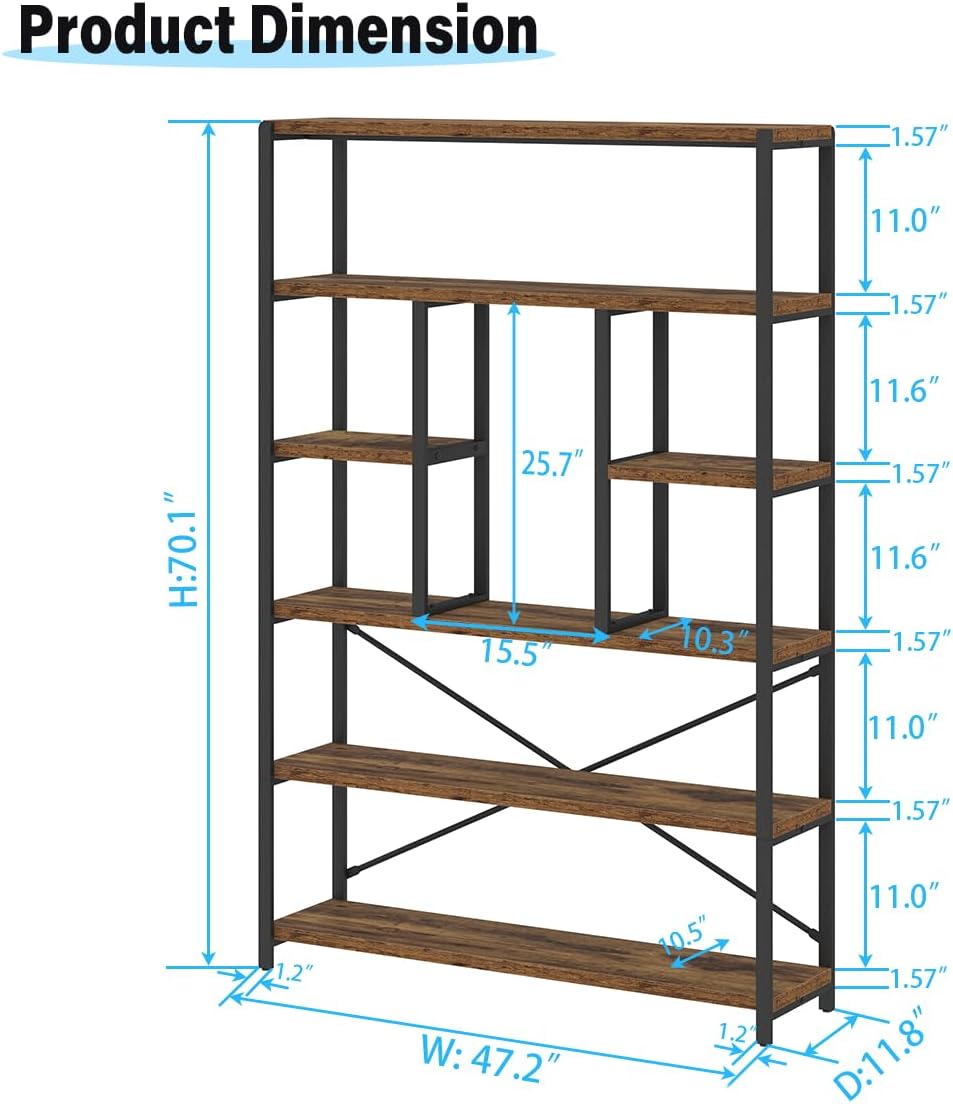 LVB Rustieke boekenkasten en boekenplanken, metalen hout 6-laags boekenplank en boekenrek opslag, industriële verticale weergave Etagere boekenkast 6 planken, vintage grote boekenplank voor slaapkamer