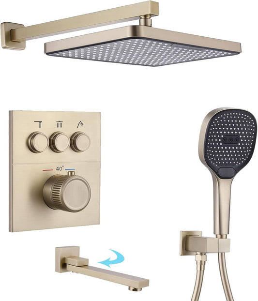 Douchekraan – Douchemengkraan – Thermostaatkraan – Doucheset – Regendouche – Geborsteld Goud – Thermostatisch Met 40°C Instelling – Inclusief 30x20 cm Regendouche