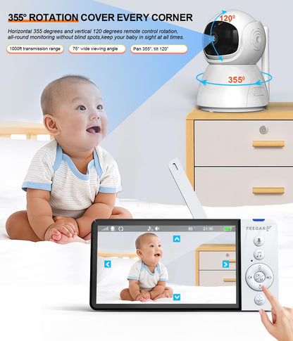 Feegar Babyfoon met camera, babymonitor, 5 inch, 720P HD-display, 2,4 GHz, PTZ 355°/120° babymonitor met afstandsbediening, 2 x zoom, VOX-modus, nachtzicht, temperatuursensor, slaapliedjes, 5000 mAh