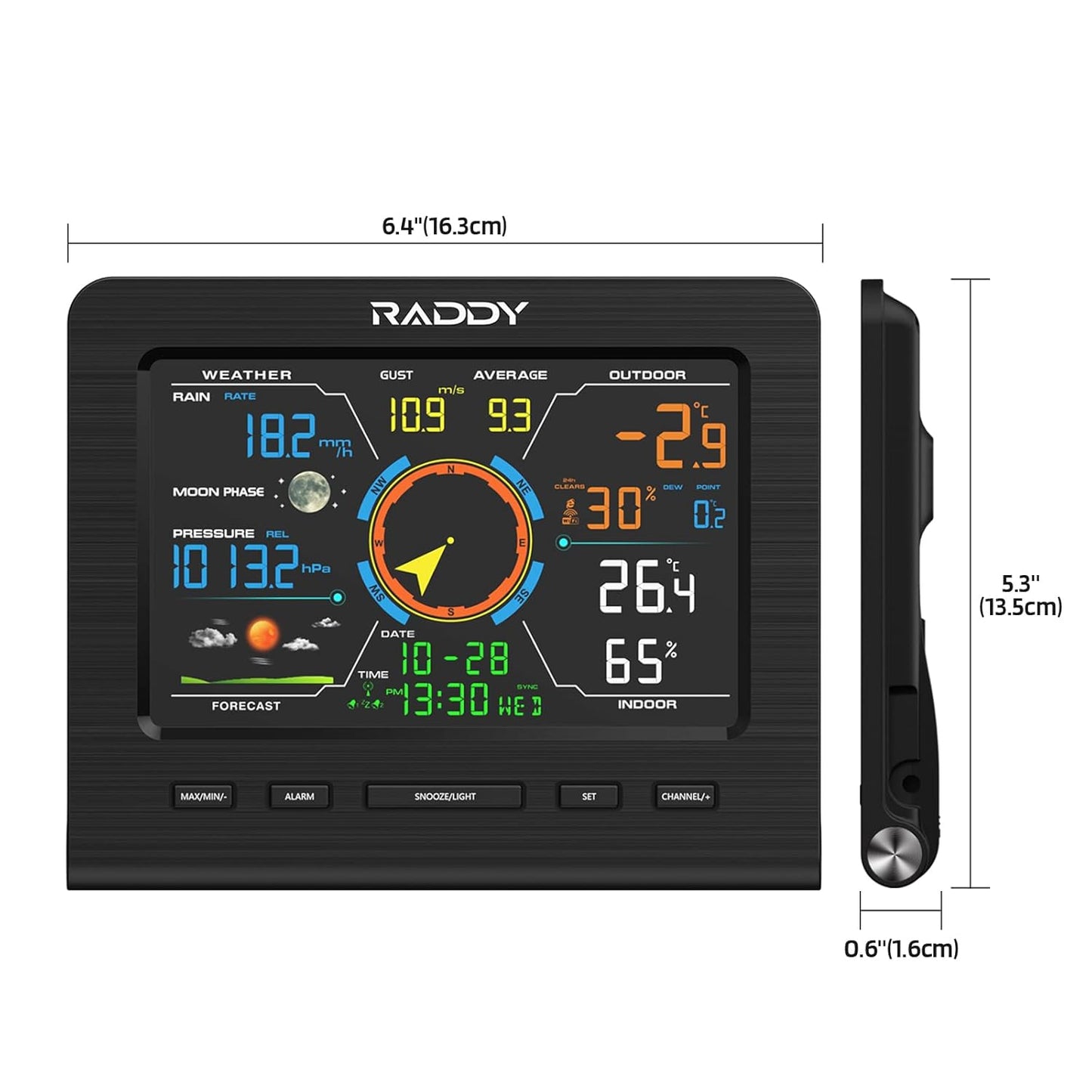 Raddy WF-100C Lite 13-IN-1 Draadloos weerstation voor binnen en buiten met temperatuur, luchtdruk, vochtigheid, anemometer, regenmeter, weersvoorspelling, voor huis, tuin