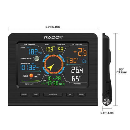 Raddy WF-100C Lite 13-IN-1 Draadloos weerstation voor binnen en buiten met temperatuur, luchtdruk, vochtigheid, anemometer, regenmeter, weersvoorspelling, voor huis, tuin