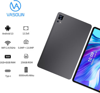 VASOUN Tablet 12 inch, Android Tablet 13 PC, 2K FHD+, 12 inch 256 GB tablets met lederen tas, 4G LTE 5GHz Dual WiFi, Octa-Core, 5MP + 13MP Dual Camera, 8000mAh batterij, entertainment en educatie