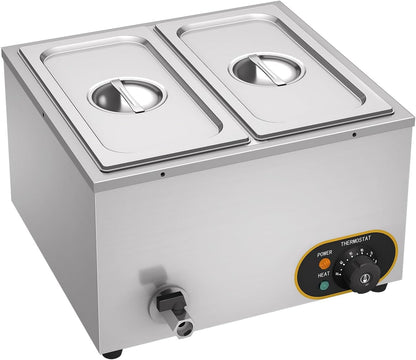 Bain Marie elektrische voedselwarmer, professioneel, roestvrij staal, 2 x 1/3 GN containers met deksel, temperatuur verstelbaar 30 °C - 85 °C, voor restaurants Les Cantine