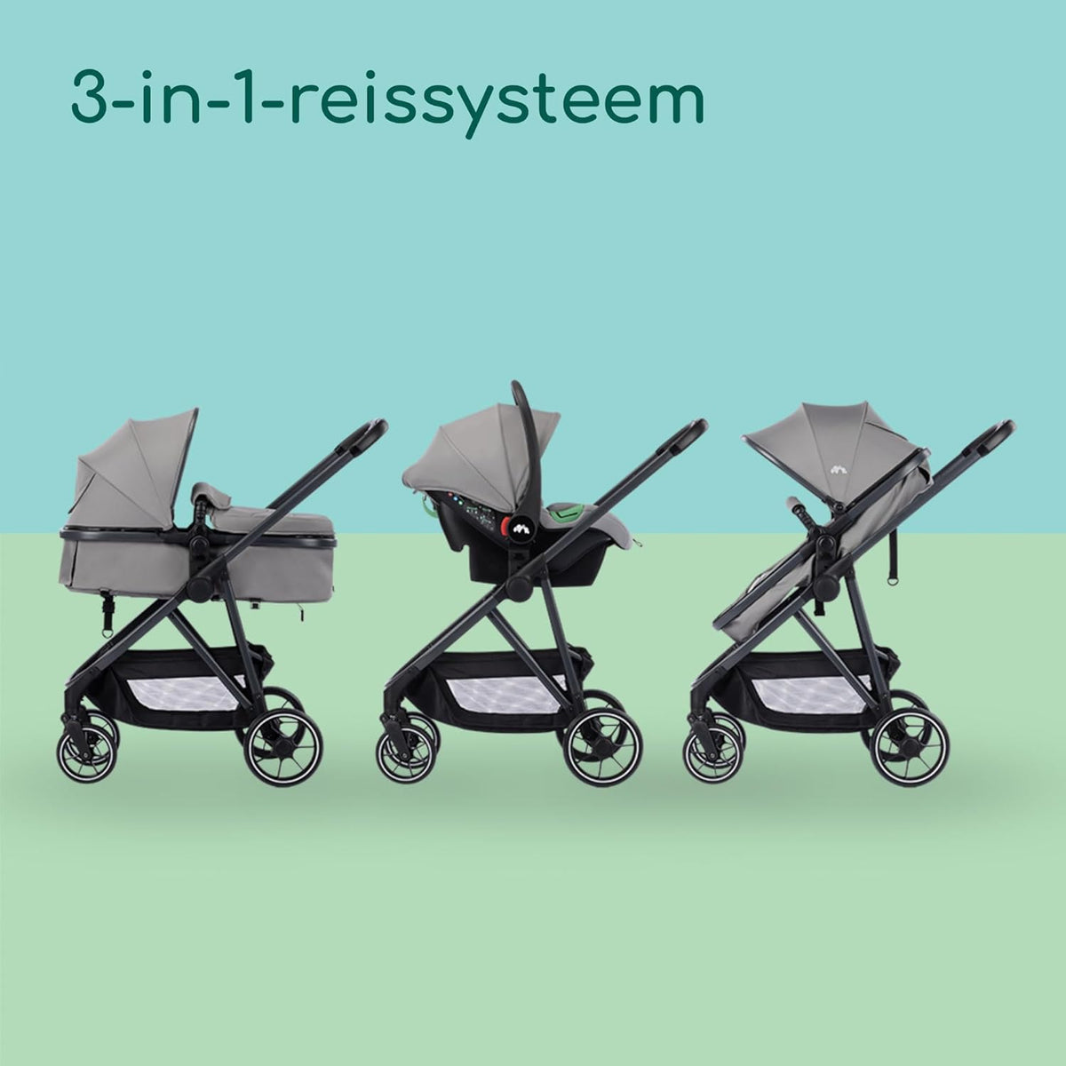 Bebeconfort Breeze Trio, 3 in 1 Kinderwagen Set met Autostoeltje, 0-22 kg (0-4 jaar), Omkeerbaar & Lichtgewicht Combi Wandelwagen, i-Size Autostoeltje, Compact Inklapbaar, Ruime Mand, Mineral Grey