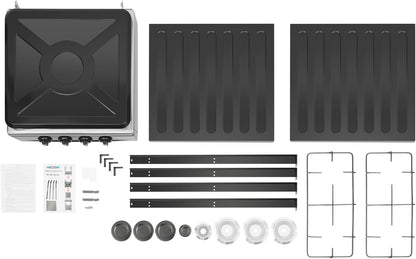 OUKANING 4-Flame Gas Stove Freestanding, Portable Outdoor / Indoor Gas Hob with Wind Protection and Dust Protection, Manual Flammable (Lpg/Ng), Non-Slip Feet and Heat Dissipation (Black) - QUORE