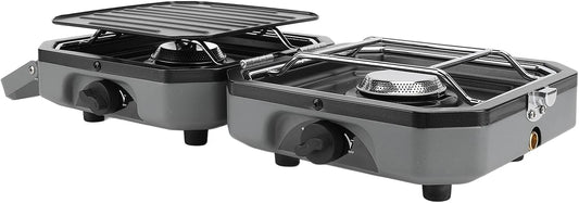 Tweevlammige Roestvrijstalen Gasgrill, Balkontafel, Dubbel Gasfornuis, Campinggasfornuis met Verstelbare Branders en Grillpan, voor Kamperen, Wandelen, Reizen en Ontdekken