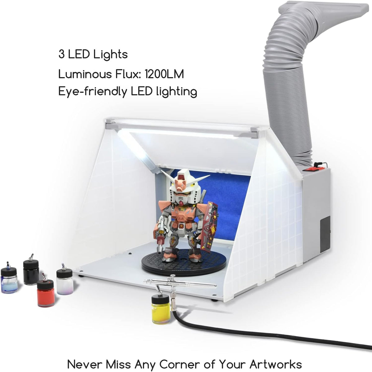 MEEDEN Airbrush verfspuitcabines, set met 3 ledlampen, Air Brush afzuigsysteem met draaiplateau en filterslang, draagbare cabine en instelbare helderheid, voor model, knutselen, nagels, hobby