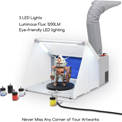 MEEDEN Airbrush verfspuitcabines, set met 3 ledlampen, Air Brush afzuigsysteem met draaiplateau en filterslang, draagbare cabine en instelbare helderheid, voor model, knutselen, nagels, hobby
