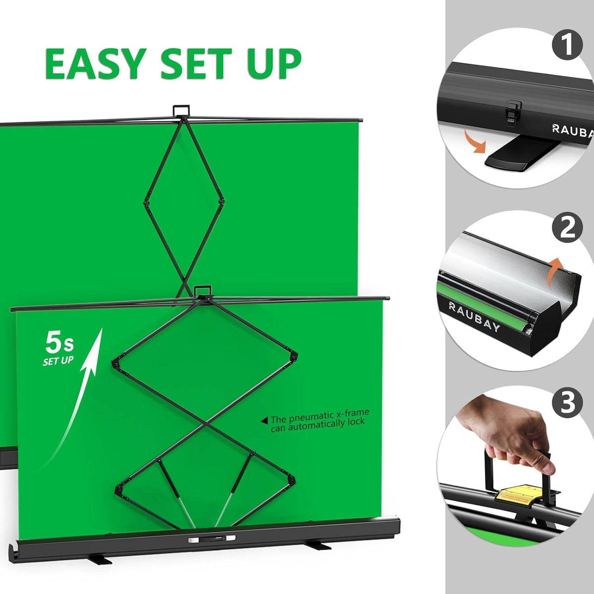【Bredere stijl】 RAUBAY 200 x 200 CM groot opvouwbaar groen scherm achtergrond draagbaar intrekbaar Chroma Key paneel fotoachtergrond met standaard voor videoconferentie, fotostudio, streaming