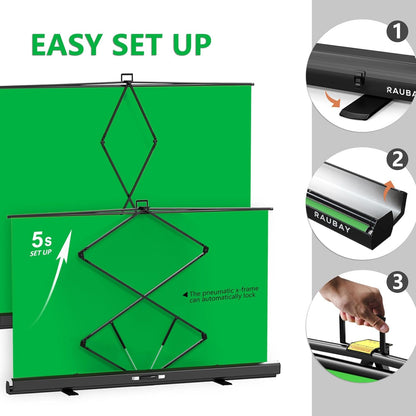 【Bredere stijl】 RAUBAY 200 x 200 CM groot opvouwbaar groen scherm achtergrond draagbaar intrekbaar Chroma Key paneel fotoachtergrond met standaard voor videoconferentie, fotostudio, streaming