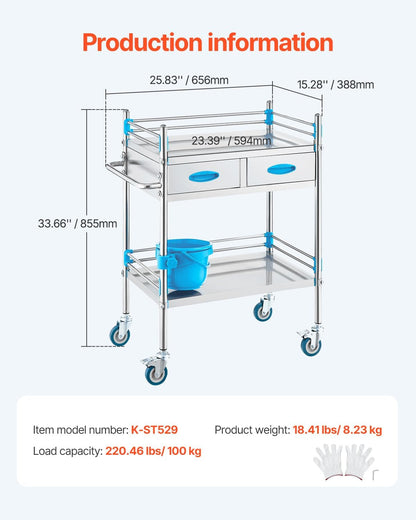 VEVOR Medische trolley met 2 lagen en 2 laden, 59,9 x 42,9 x 85,1 cm, laboratoriumwagen van roestvrij staal, metalen wagen met 4 omnidirectionele wielen voor klinieken, spa en hotels