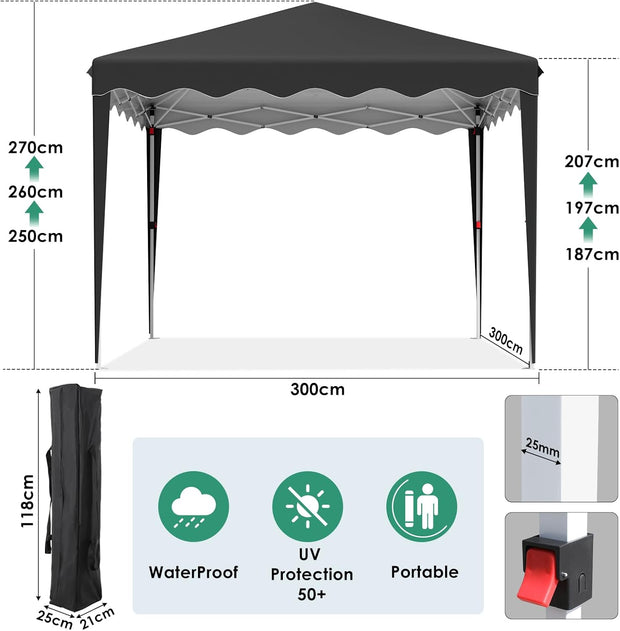 Paviljoen - Tuinpaviljoen - Partytent - Tuintent - Pop-up Kliksysteem - Stabiel - Opvouwbaar - Waterdicht - Winterbestendig -  50+UV-Bescherming - voor Tuin - Buiten - Achtertuin - 420D Oxford - Metalen Frame - 3 x 3 m - Zwart