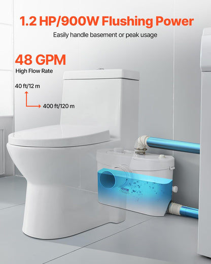VEVOR 900 W Toilet Reduction Pump Head 12 m with 4 Water Inputs, Wastewater Drainage Machine for Toilet, Basement, Shower, Washbasin, Laundry
