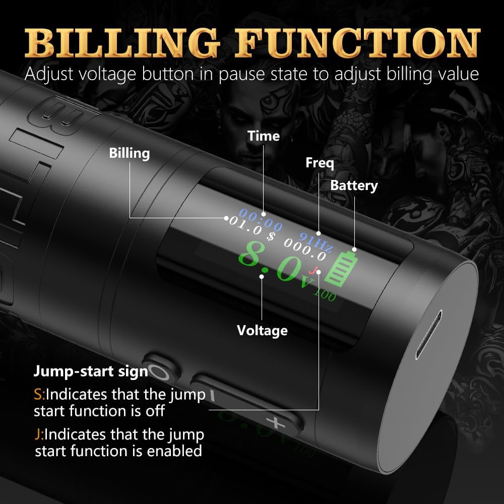 Ambition Ninja Ultra Draadloze tattoo-machine met intelligente factureringsfunctie - Roterende cartridge-pen met 2 stuks 1900 mAh tattoo-pistool Coreless Motor Straight Drive Bar