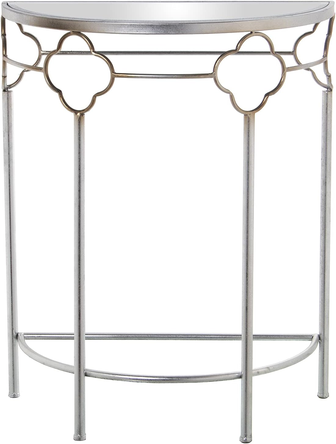 DRW Halfronde entreetafel van metaal en spiegel, zilverkleurig, 60 x 30,5 x 75 cm