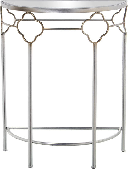DRW Halfronde entreetafel van metaal en spiegel, zilverkleurig, 60 x 30,5 x 75 cm