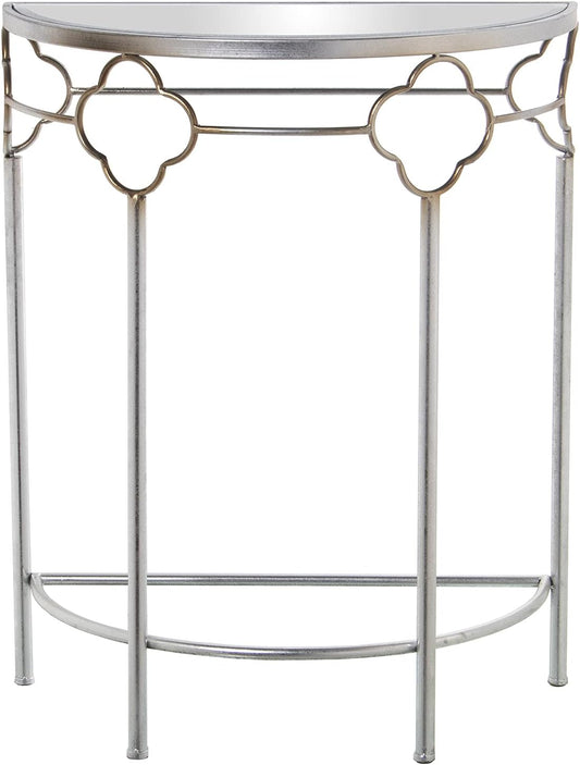 DRW Halfronde entreetafel van metaal en spiegel, zilverkleurig, 60 x 30,5 x 75 cm