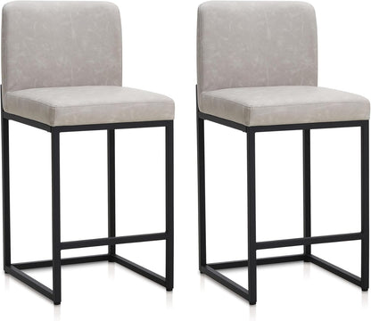ALPHA HOME Barkruk set van 2 barkrukken met rugleuning, PU-leer, keukenkruk, barstoel, set van 2 met voetensteun, voor aanrecht, stabiel metalen stalen frame, lichtgrijs